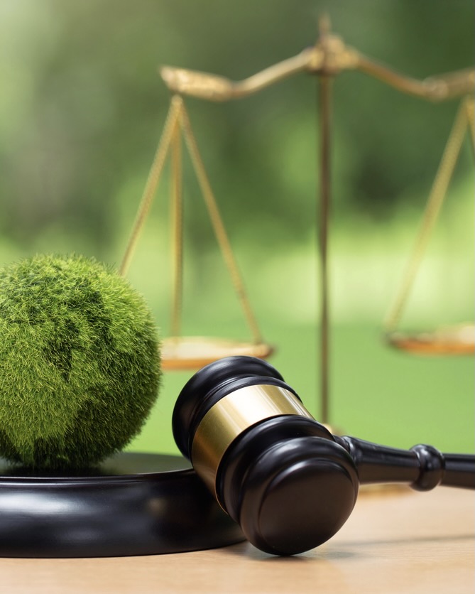 Environment Law. Green World and gavel with scales of justice on the green. law for principles of sustainable environmental conservation. law that governs how humans interact with their environment